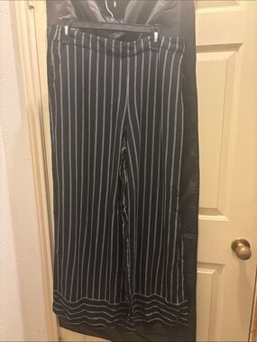 LOFT Black Wide-Leg Pinstripe Trousers with White Stripes